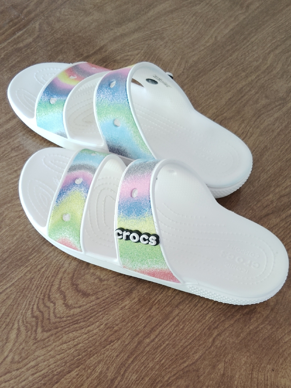 CROCS White Sandals with Rainbow Glitter Straps